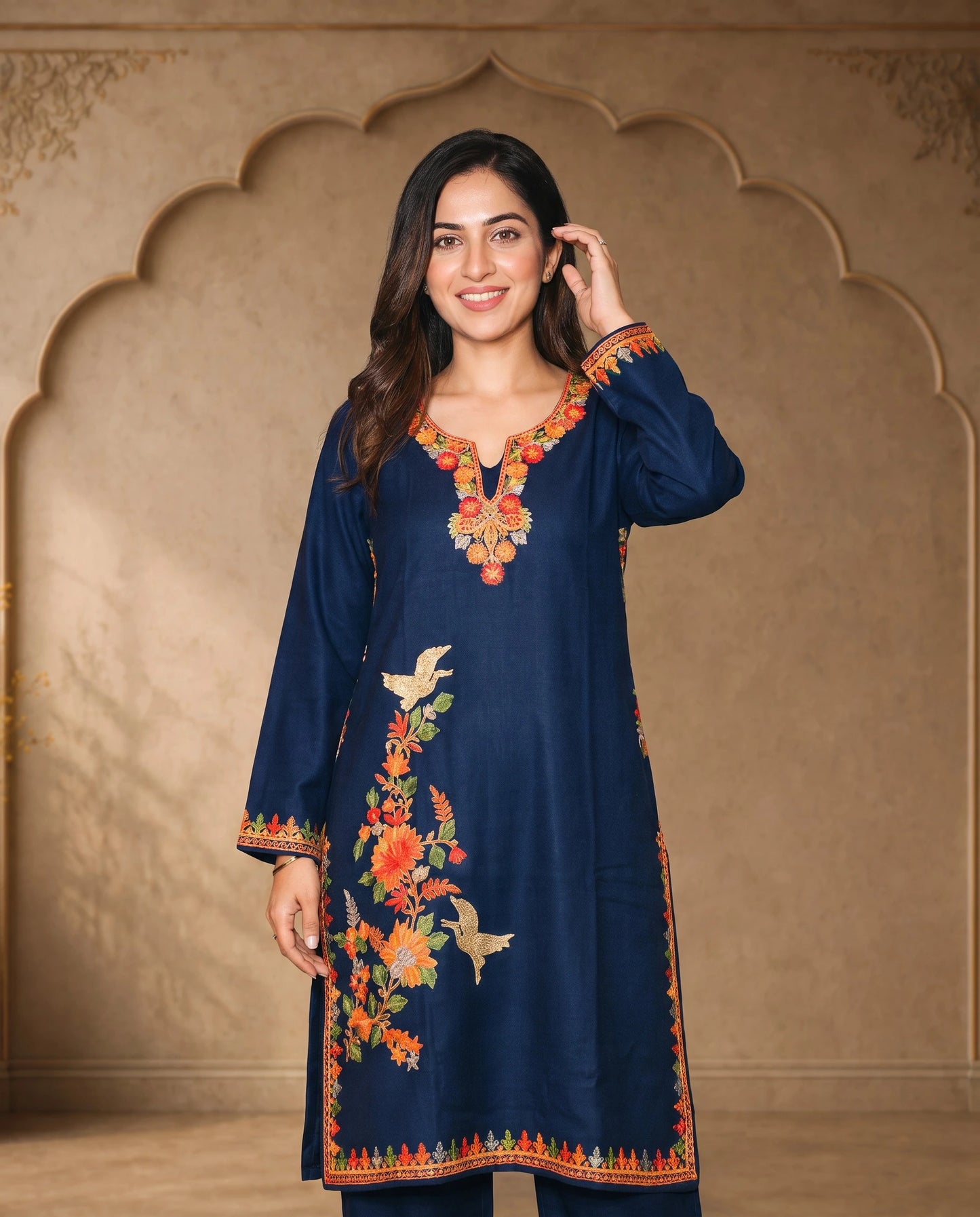 Noor Dark Blue Embroidered Pheran for Women
