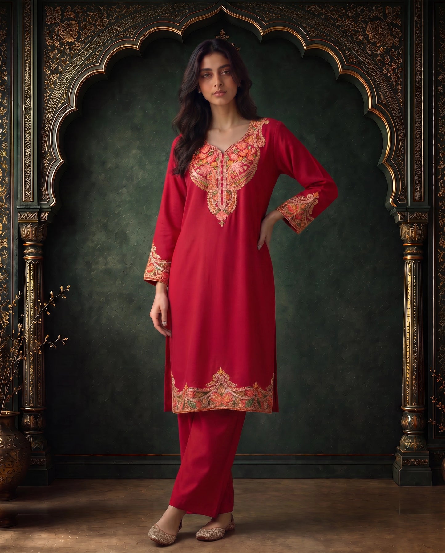 Ruhani Crimson Embroidered Pheran for Women