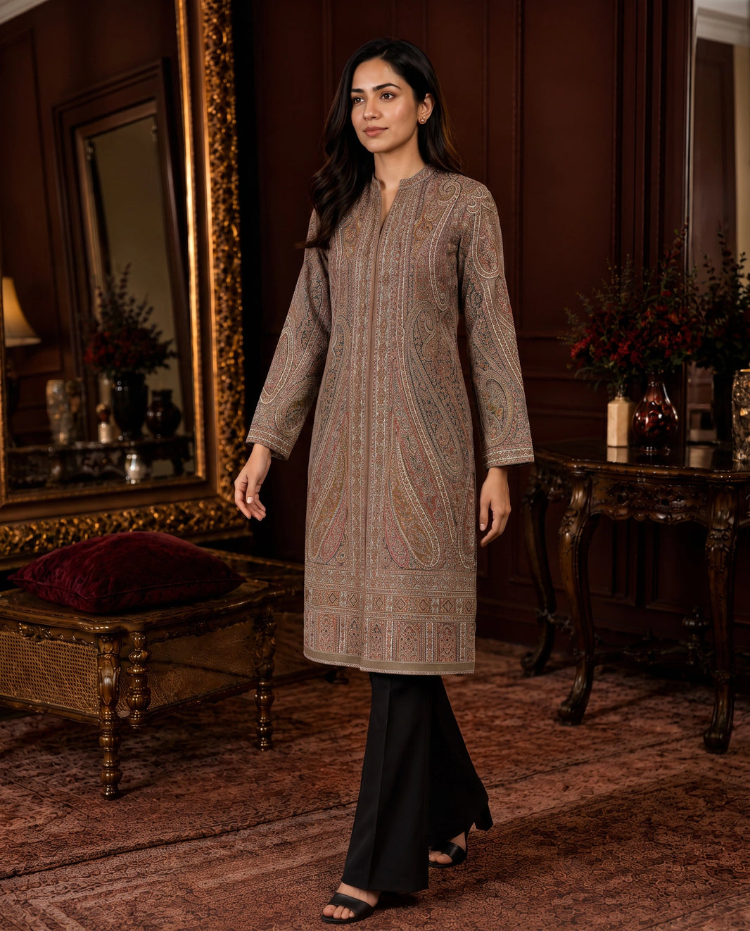 Zareen Beige Paisley Long Jacket for Women