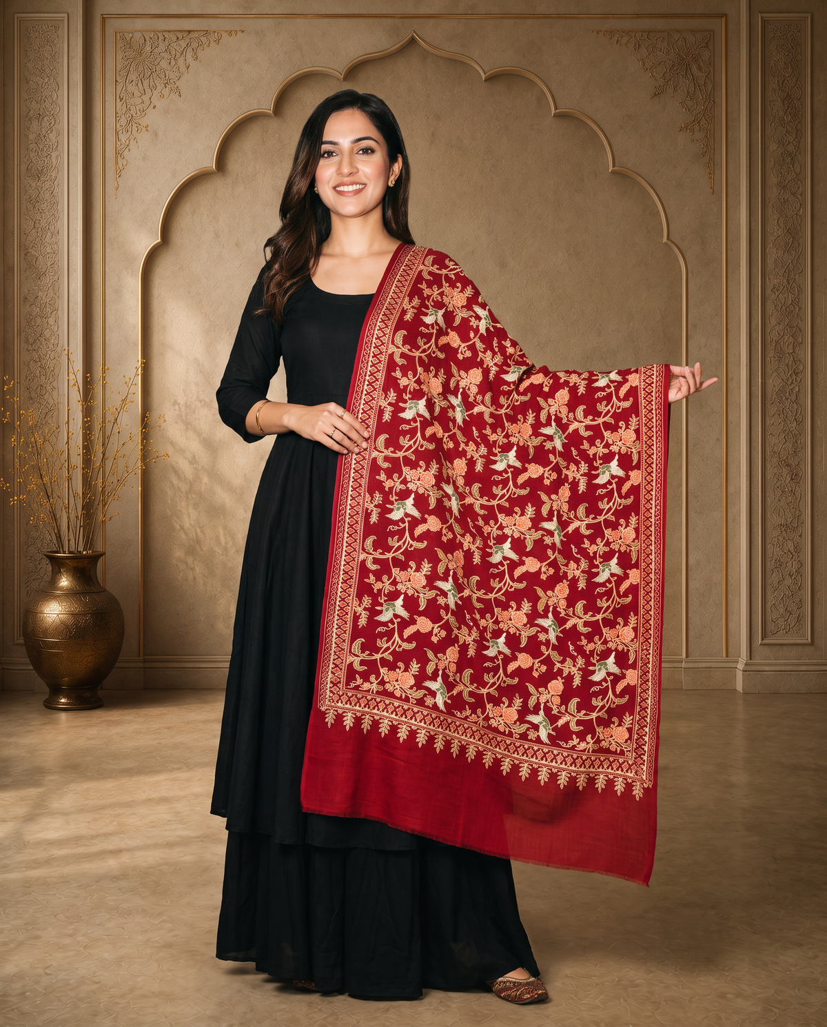 Crimson Red Floral Pashmina Stole with Heritage Woven Border