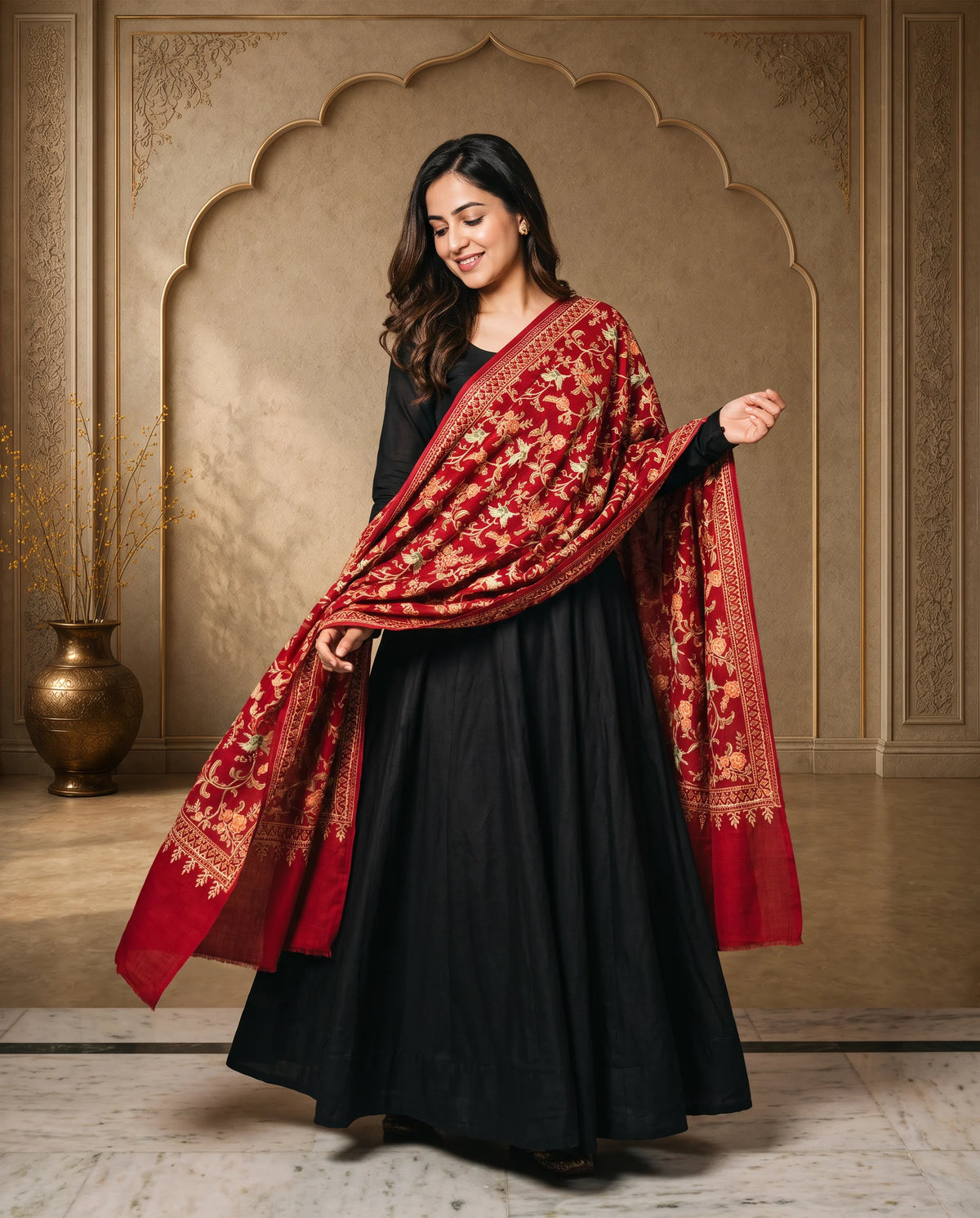 Crimson Red Floral Pashmina Stole with Heritage Woven Border