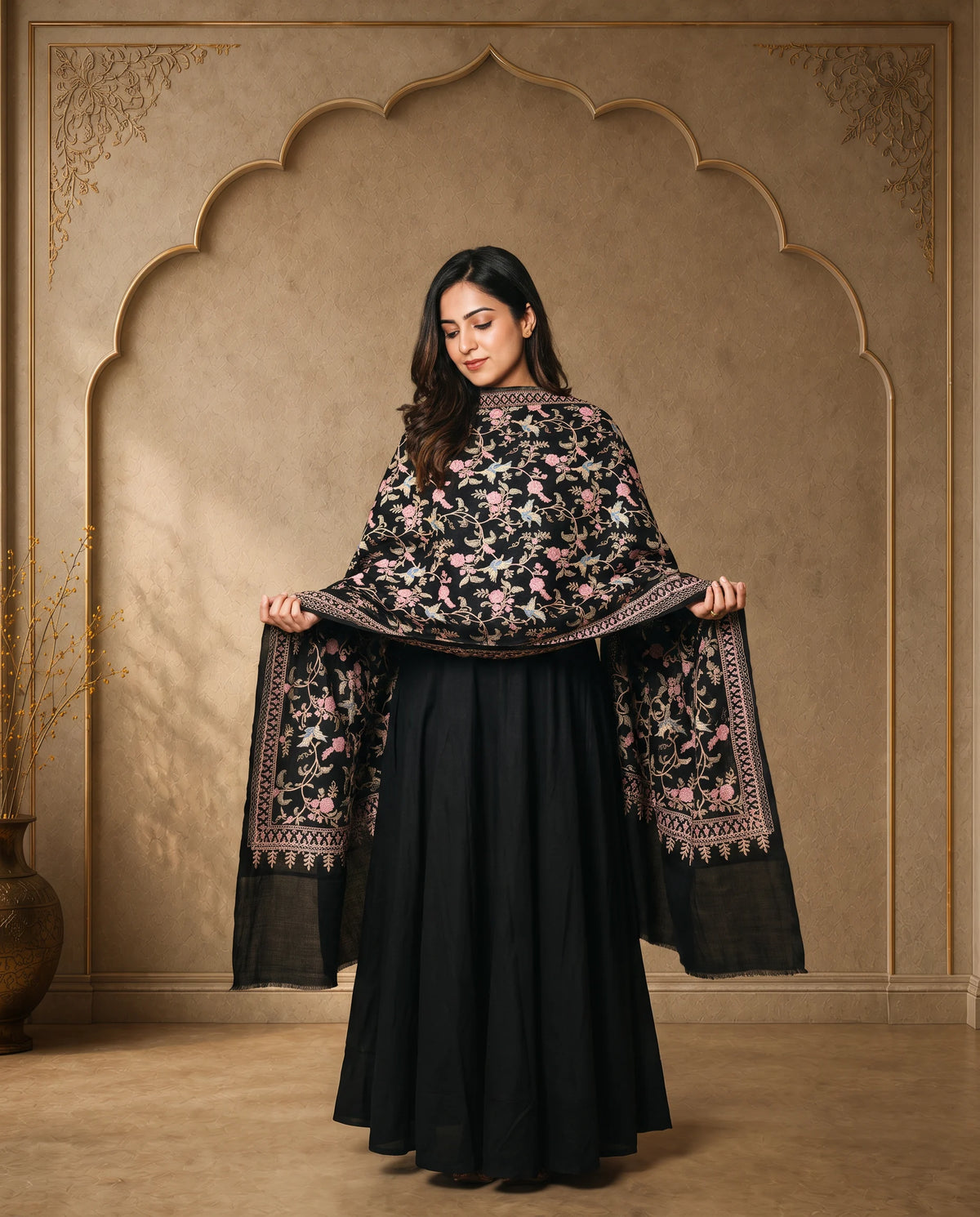 Crimson Red Floral Pashmina Stole with Heritage Woven Border