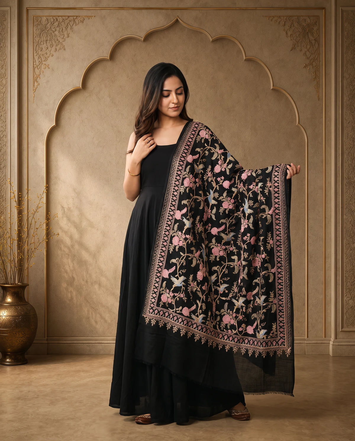 Crimson Red Floral Pashmina Stole with Heritage Woven Border