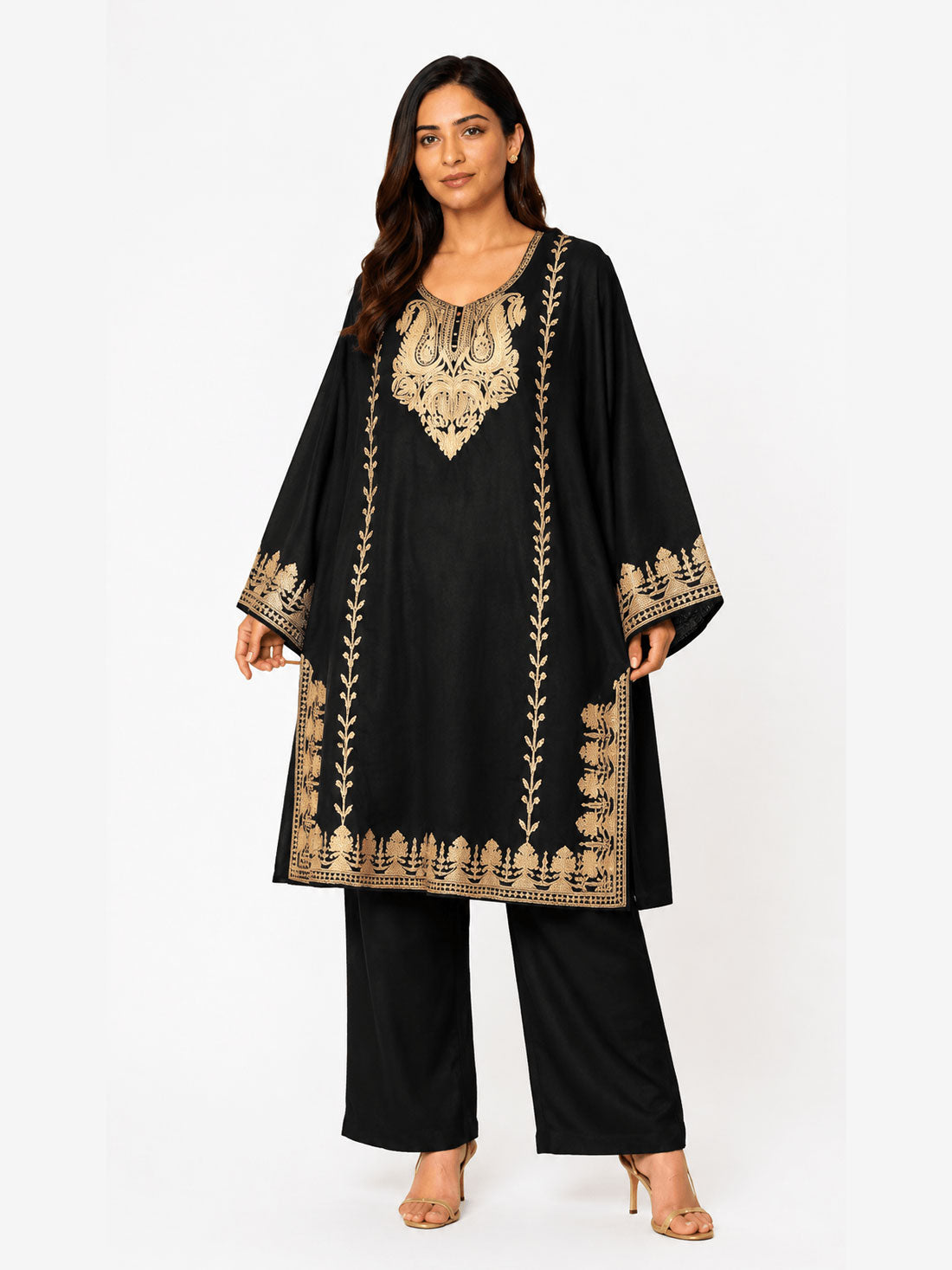 Zoya Black Gold Embroidered Pheran Co-ord Set