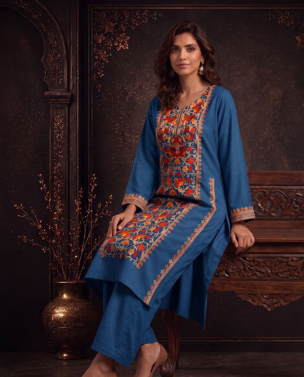 Inaya Mustard Ochre Embroidered Pheran Set