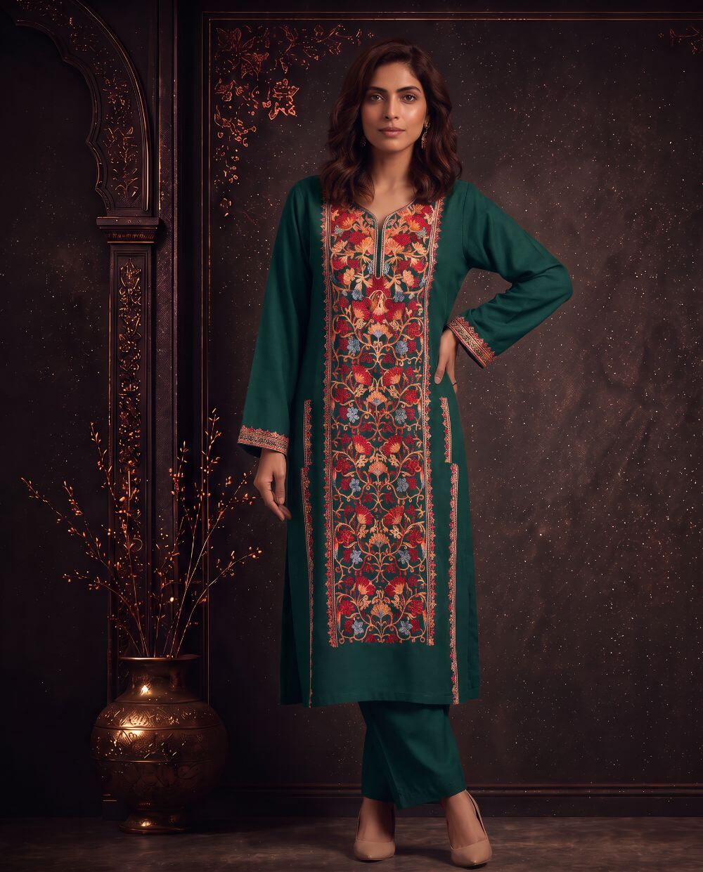 Inaya Mustard Ochre Embroidered Pheran Set