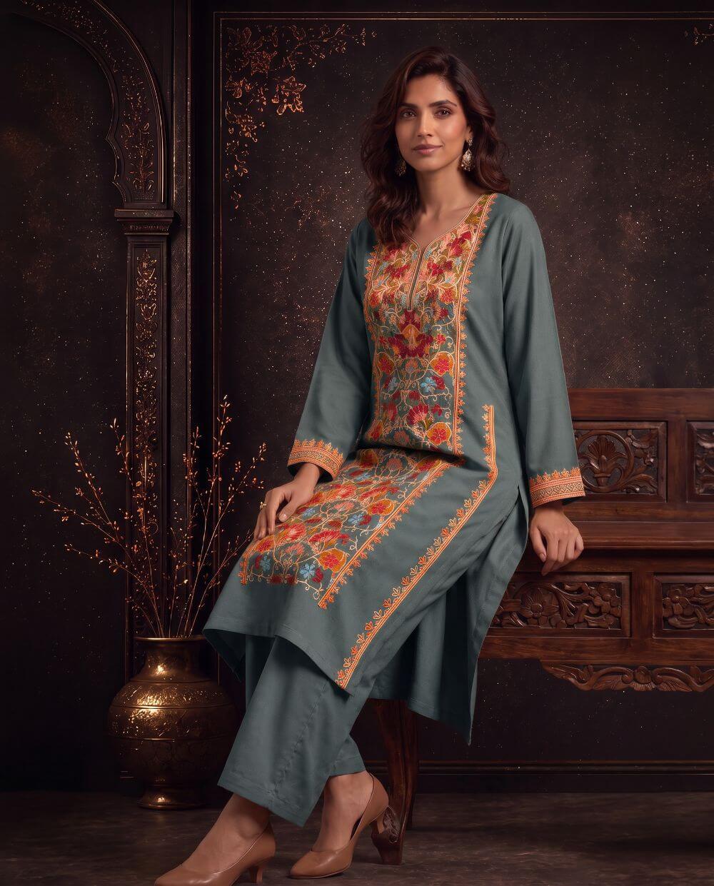 Inaya Mustard Ochre Embroidered Pheran Set