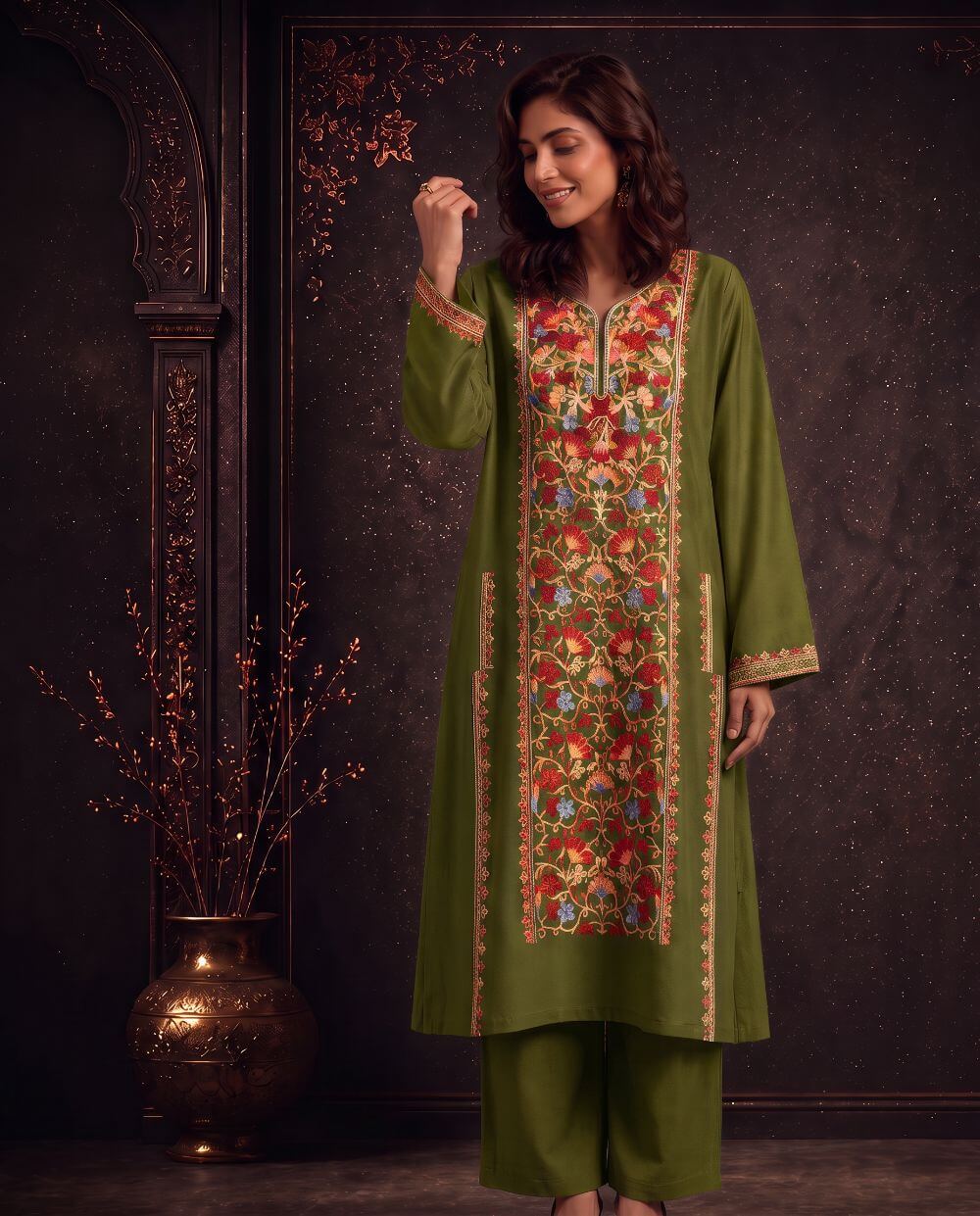 Inaya Mustard Ochre Embroidered Pheran Set