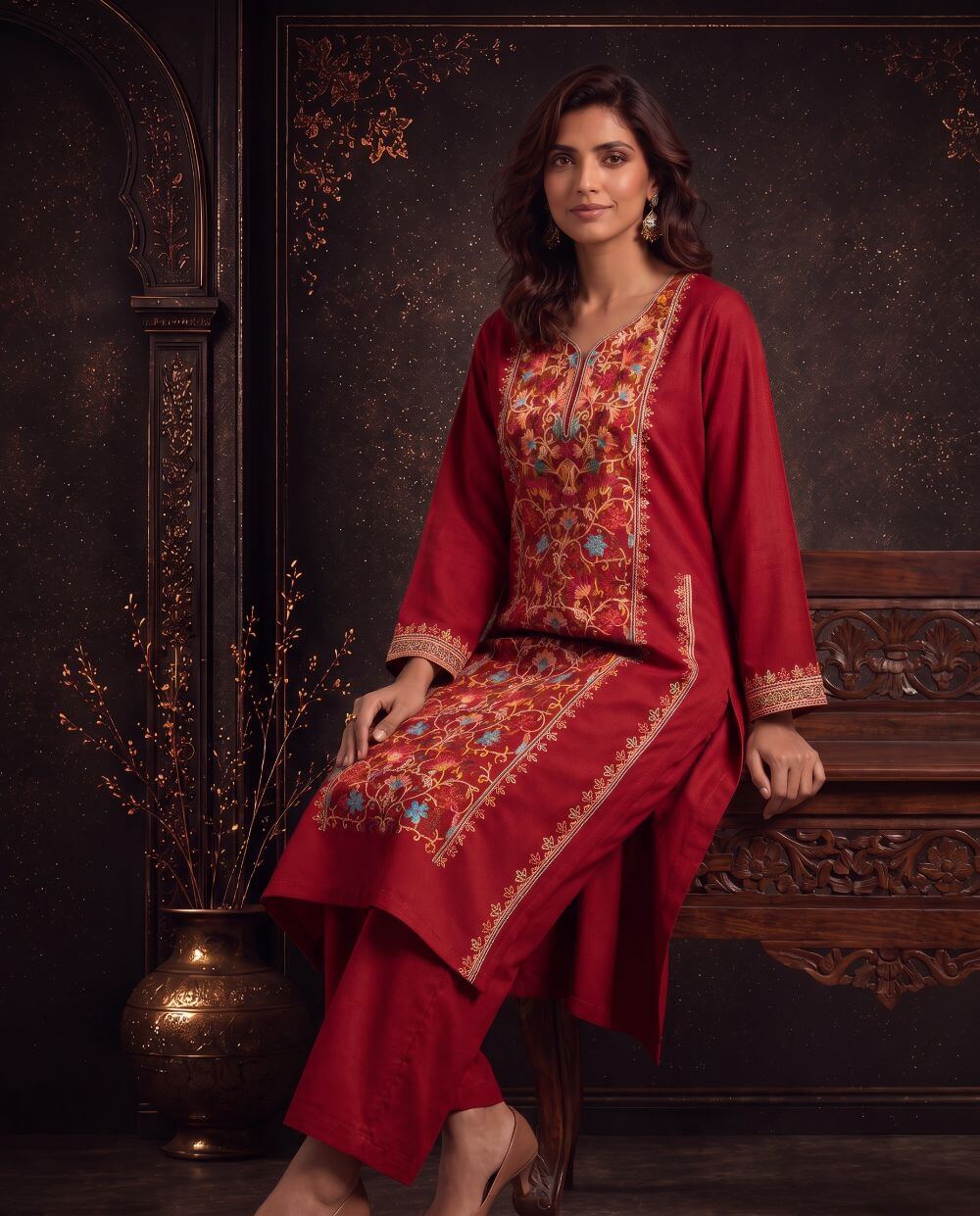 Inaya Mustard Ochre Embroidered Pheran Set